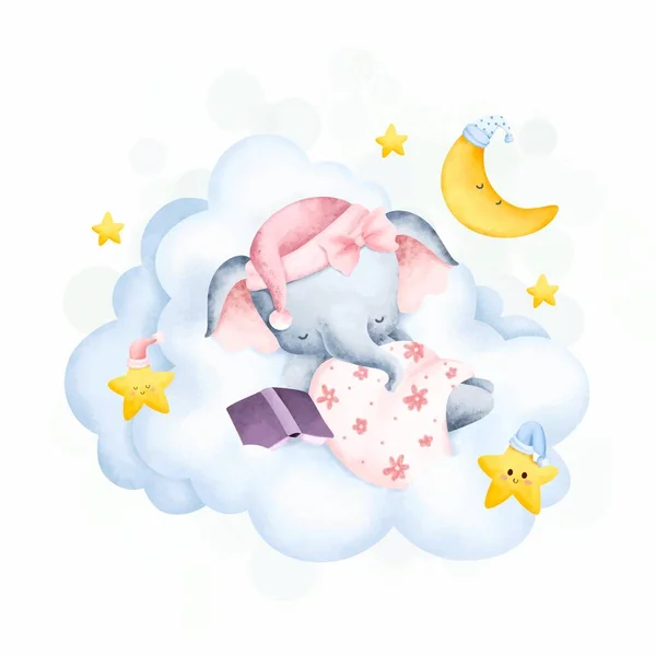 Cute Baby Elephant Sleeping Cloud — Stock Vector