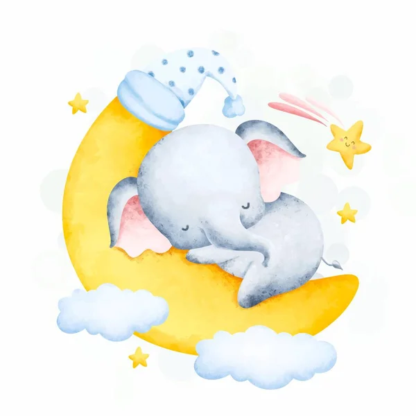 Cute Słoń Dziecko Śpi Księżycu — Wektor stockowy