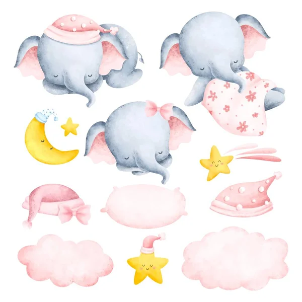 Acuarela Ilustración Elefante Dormido Lindo Con Estrellas — Archivo Imágenes Vectoriales