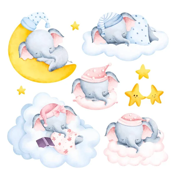 Aquarell Illustration Des Niedlichen Schlafenden Elefanten Mit Sternen — Stockvektor