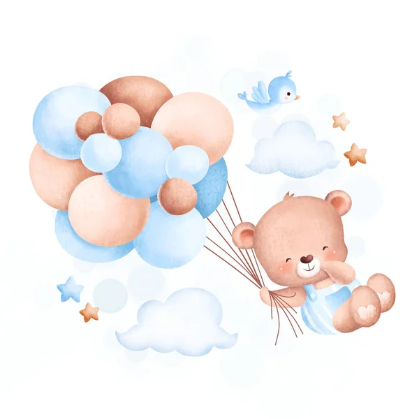 Aquarel Illustratie Van Een Schattige Teddybeer Met Een Ballon — Stockvector