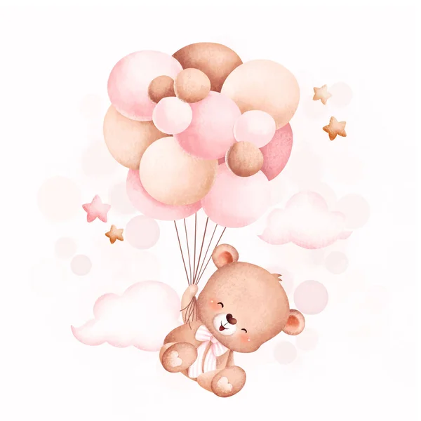 Ακουαρέλα Εικονογράφηση Ενός Χαριτωμένο Μωρό Αρκούδα Μπαλόνια — Διανυσματικό Αρχείο