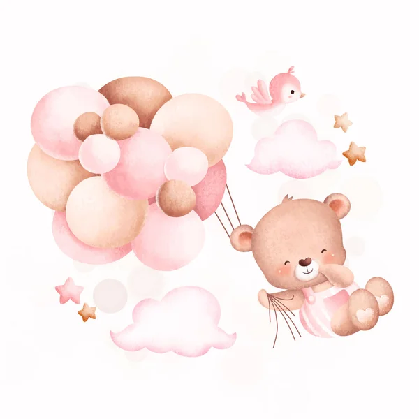 Illustrazione Acquerello Simpatico Orso Rosa Con Palloncino — Vettoriale Stock