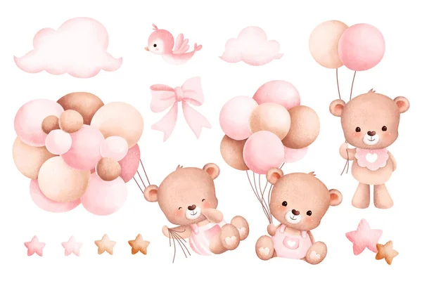 Cute Baby Bear Balloons Flowers — Stock Vector