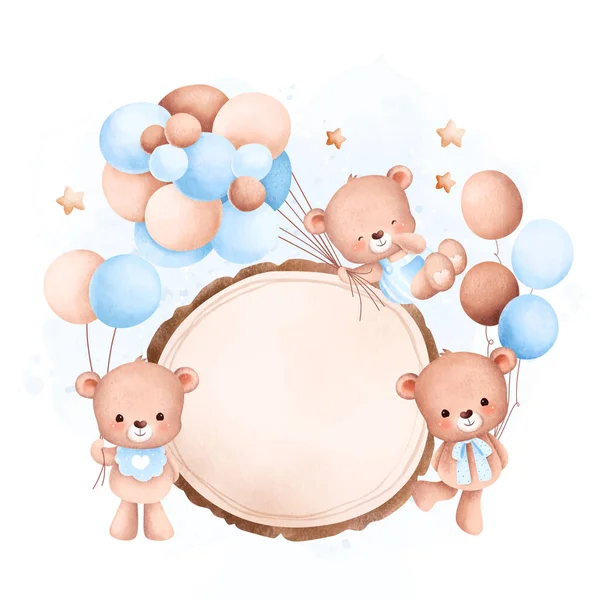 Illustration Aquarelle Joli Bébé Ours Avec Ballon Cadeau — Image vectorielle