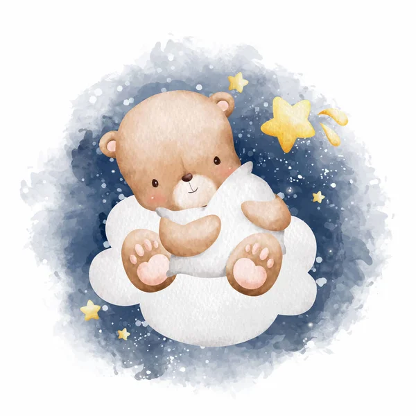 Akvarell Illustration Baby Teddy Björn Sitter Molnet — Stock vektor