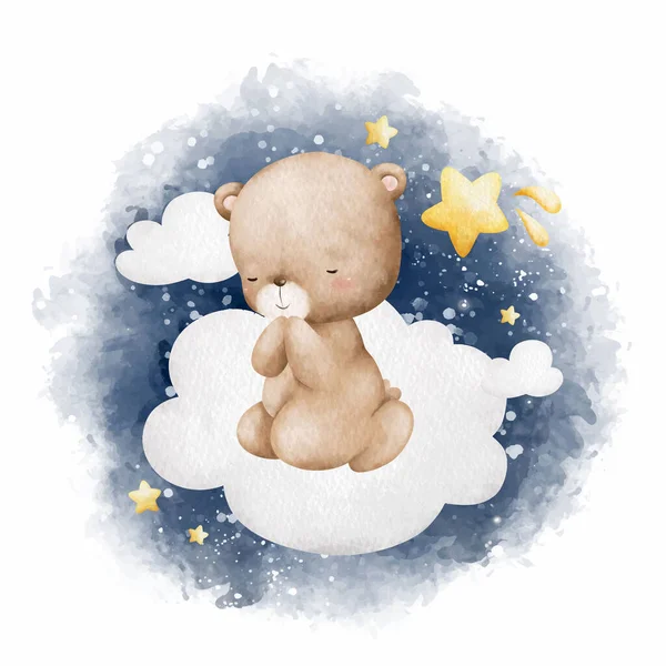 水彩イラスト Baby Teddy Bear座って雲の上で祈る — ストックベクタ
