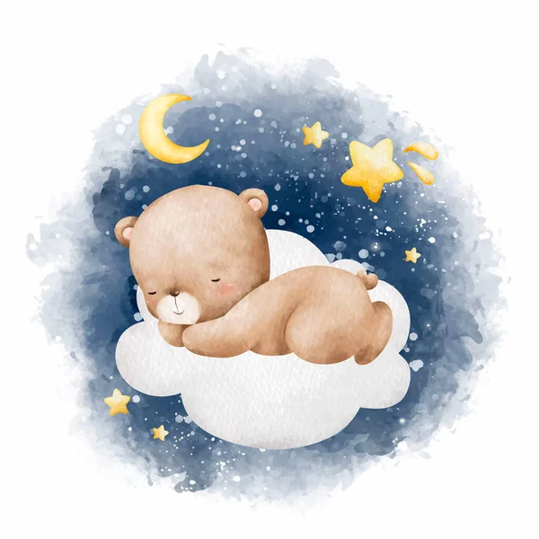 Watercolor Illustration Baby Teddy Bear Sleeping Cloud — Stock Vector
