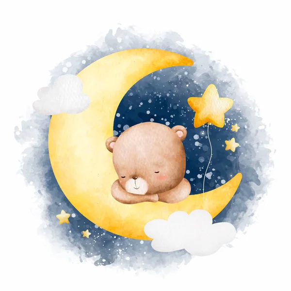 Watercolor Illustration Baby Teddy Bear Sleeping Moon — Stock Vector