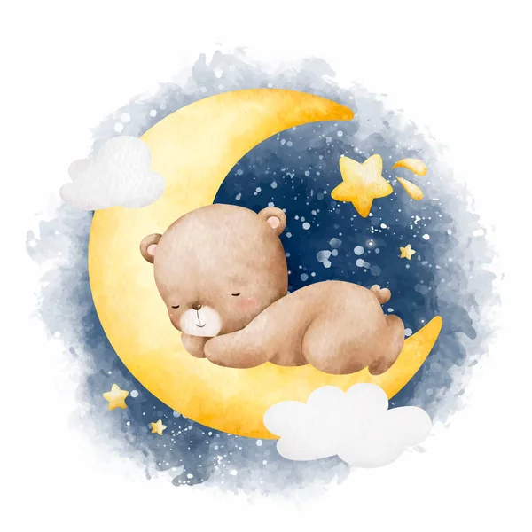 Stock vector Watercolor Illustration Baby Teddy bear sleeping on the moon