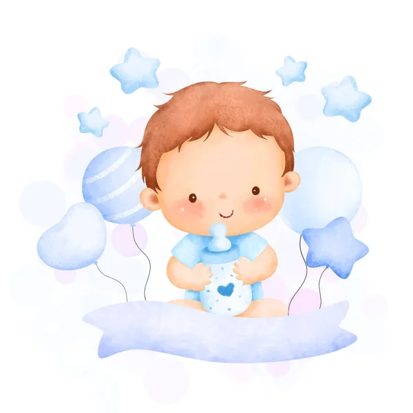 Carino Piccolo Bambino Con Fiocco Blu Ciuccio — Vettoriale Stock
