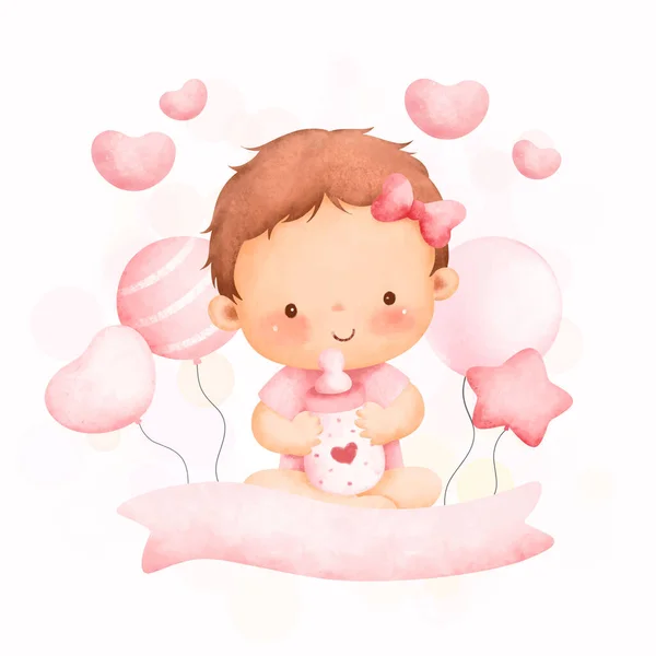 Χαριτωμένο Κοριτσάκι Ροζ Καρδιά Και Ακουαρέλα Εικονογράφηση — Διανυσματικό Αρχείο