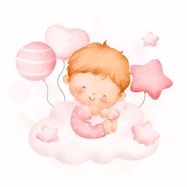 Watercolor Illustration Cute Baby Girl Pink Balloons — Stock Vector