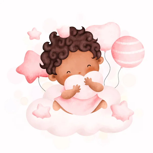 Bonito Bebê Menina Com Rosa Balão Sentado Nuvem —  Vetores de Stock