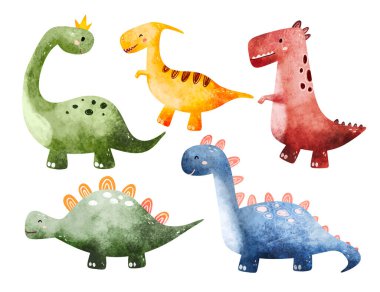 Beyaz arka planda izole edilmiş suluboya dinozorlar, dinozor, dino, tarih öncesi karikatür çizimleri.