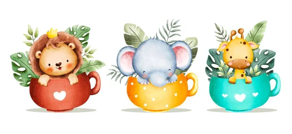 Akvarell Készlet Aranyos Baba Szafari Állatok Trópusi Levelek Csésze — Stock Vector