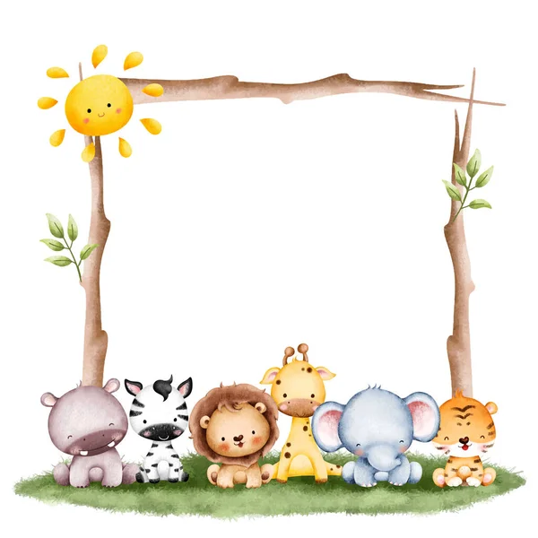 Watercolor Illustration Baby Safari Animal Frame Template — Stock Vector