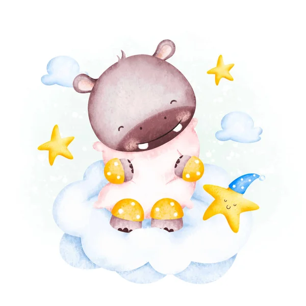 Suluboya Bebek Aygırı Pijama Giyerek Bulutların Üzerinde Yastık Tutarak Uyku — Stok Vektör