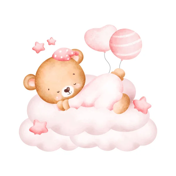 Akvarell Illusztráció Aranyos Rózsaszín Medve Egy Léggömb — Stock Vector
