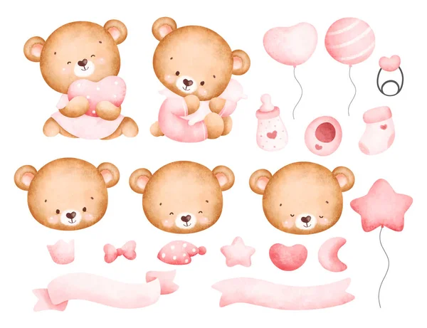 Set Cute Watercolor Bears Teddy Bear White Background — Stock Vector