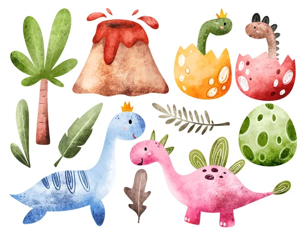 Illustration Aquarelle Dinosaures Mignons Avec Des Éléments Dessinés Main — Image vectorielle
