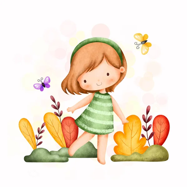 Υδατογραφία Εικονογράφηση Χαριτωμένο Κορίτσι Στον Κήπο — Διανυσματικό Αρχείο