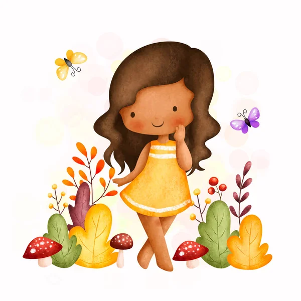 Niedliches Kleines Mädchen Mit Blumen Wald — Stockvektor