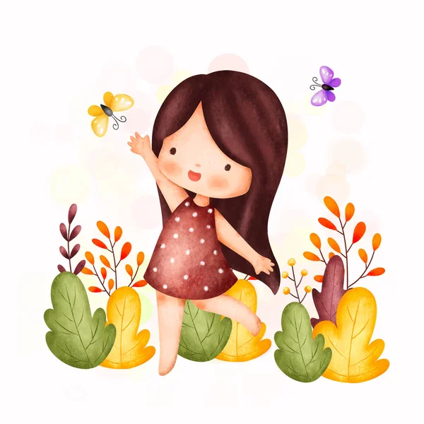 Mignonne Petite Fille Avec Bouquet Fleurs Illustration Vectorielle — Image vectorielle