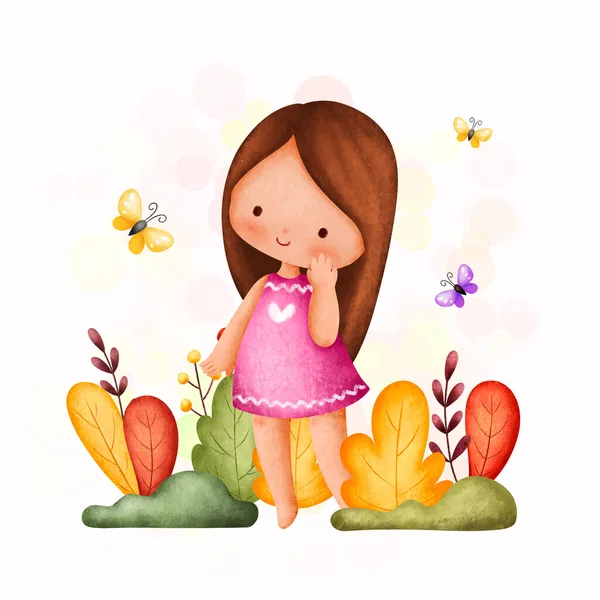 Χαριτωμένο Κοριτσάκι Ένα Μπουκέτο Λουλούδια — Διανυσματικό Αρχείο