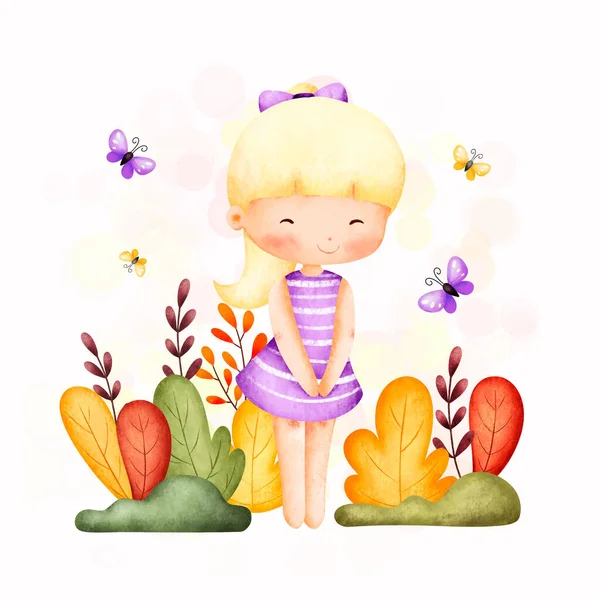 草の上に座って花と遊ぶ可愛い女の子 — ストックベクタ