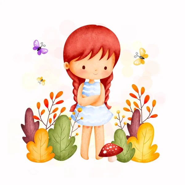 可愛い花の花束を持つ女の子 水彩画 — ストックベクタ