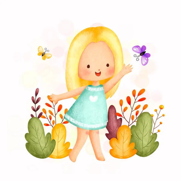Aquarell Illustration Eines Niedlichen Kleinen Mädchens Mit Einem Blumenkranz — Stockvektor