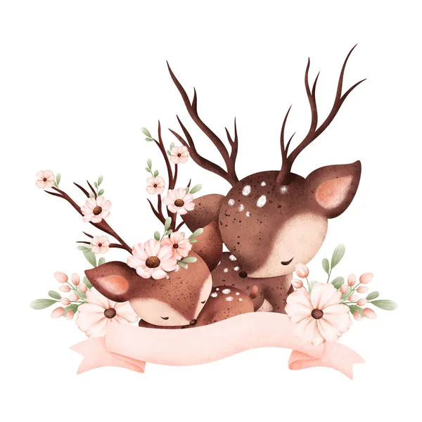 Ilustração Aquarela Cervos Bonitos Com Flores Folhas —  Vetores de Stock