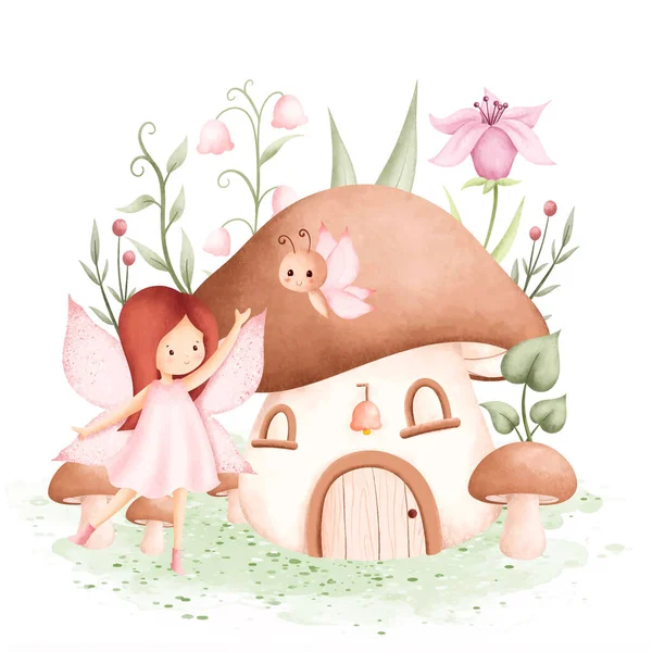 水彩イラスト 妖精の庭とキノコの家 — ストックベクタ