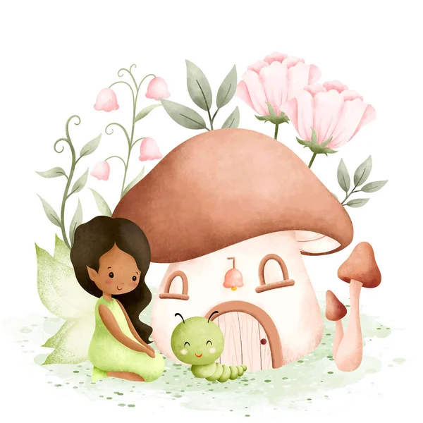 Υδατογραφία Εικονογράφηση Fairy Garden Και Mushroon House — Διανυσματικό Αρχείο