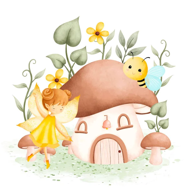 Akvarell Illustration Fairy Garden Och Svamphus — Stock vektor