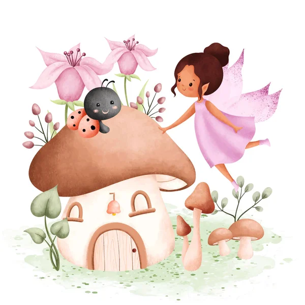 Aquarel Illustratie Sprookje Tuin Mushroon Huis — Stockvector