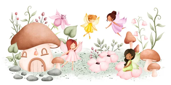 Υδατογραφία Εικονογράφηση Fairy Κήπος Και Φυτά — Διανυσματικό Αρχείο