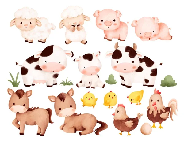 Simpatici Animali Dei Cartoni Animati Acquerello Illustrazione Set Animali Fattoria — Vettoriale Stock
