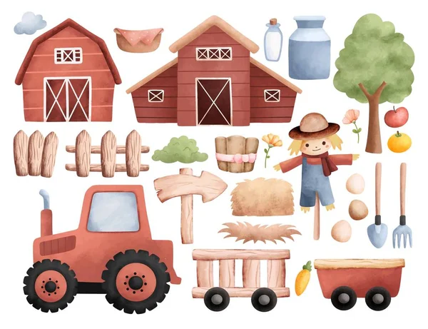 农场动物和农耕图标设置 带手推车和手推车向量图标的农村农民卡通画 — 图库矢量图片