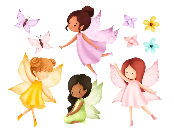 Akwarela Ilustracja Zestaw Cute Garden Fairy — Wektor stockowy