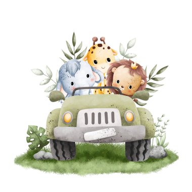 Watercolor Illustration cute baby animals riding green safari jeep clipart