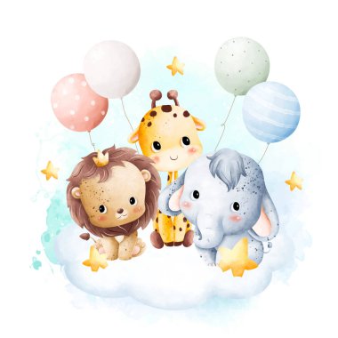 Watercolor illustration Cute baby animals and balloons sitting on the cloud clipart