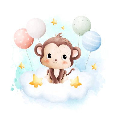 Suluboya çizimi Bulutun üzerinde oturan şirin bebek maymun ve balonlar