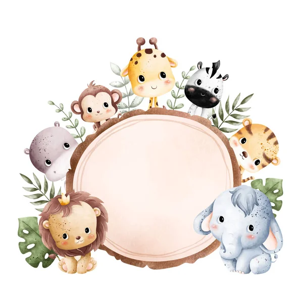Akvarelové Ilustrace Baby Safari Animal Frame Šablona — Stockový vektor