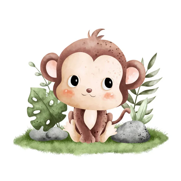 Watercolor Illustration Cute Baby Monkey Sitting Grass Leaves — Stock Vector