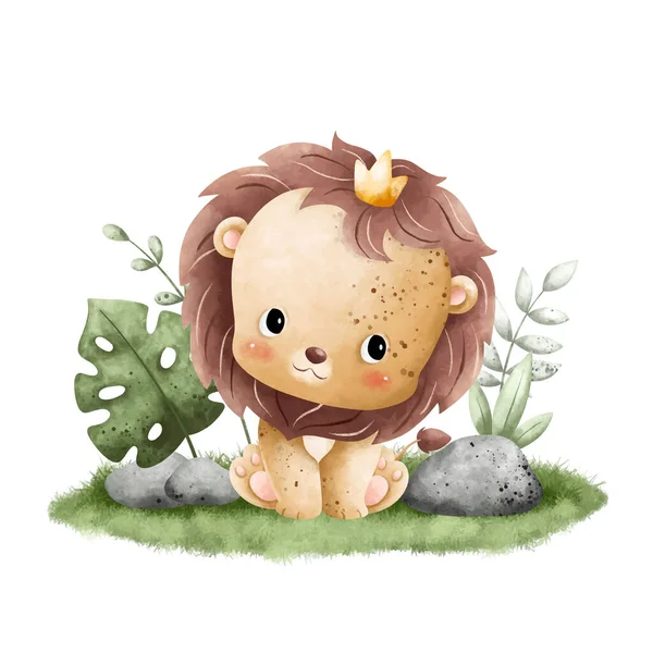 水彩イラストかわいい赤ちゃんライオンが葉と草の上に座っています — ストックベクタ