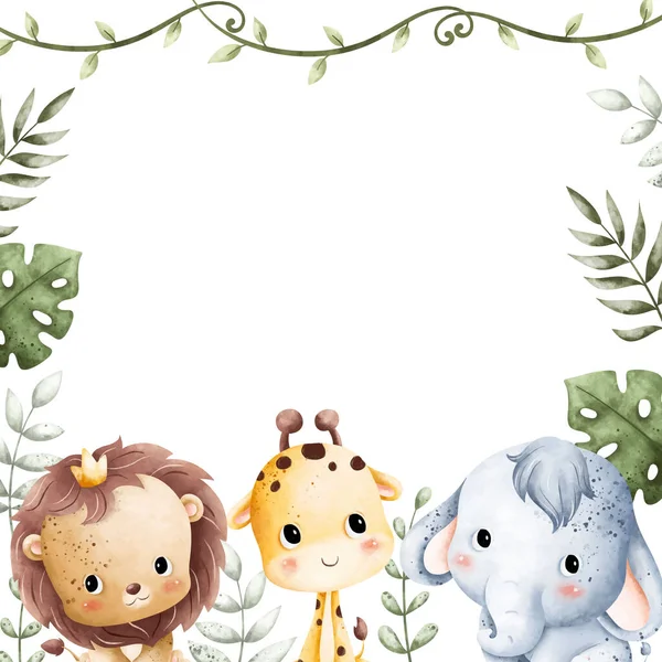 Υδατογραφία Εικονογράφηση Πλαίσιο Χαριτωμένα Ζώα Μωρό Και Τροπικά Φύλλα — Διανυσματικό Αρχείο
