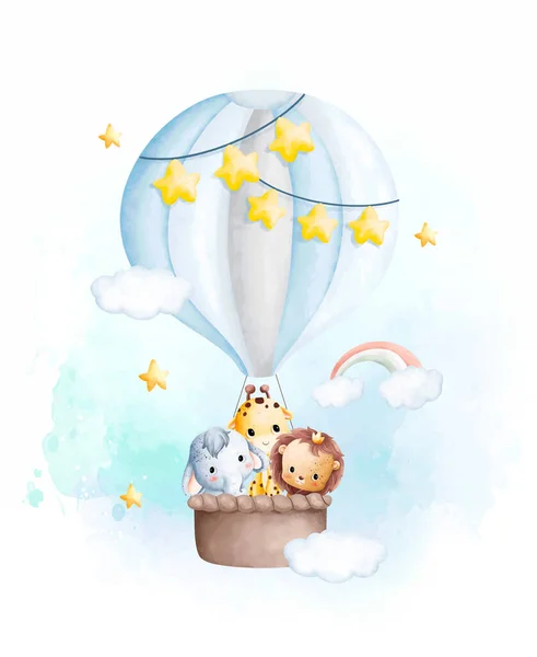 Aquarell Illustration Niedliche Babytiere Heißluftballon — Stockvektor