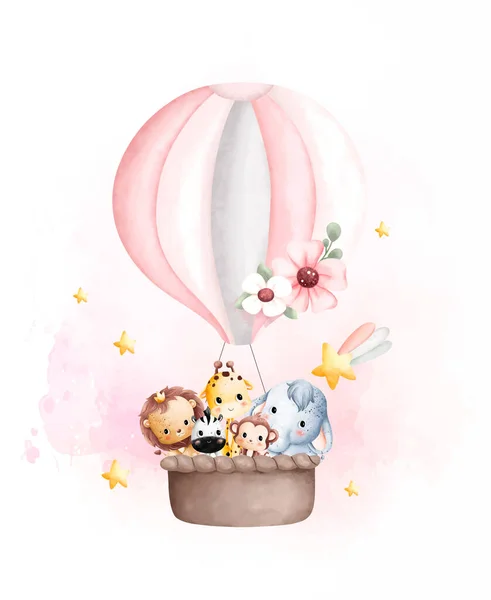 Aquarell Illustration Niedliche Babytiere Heißluftballon — Stockvektor